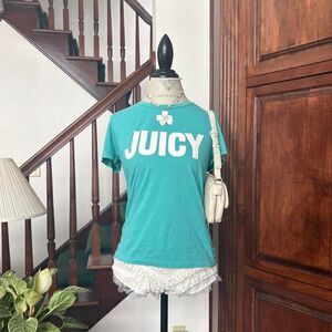 Juicy Couture Aqua Blue and White T Shirt Tee Y2K